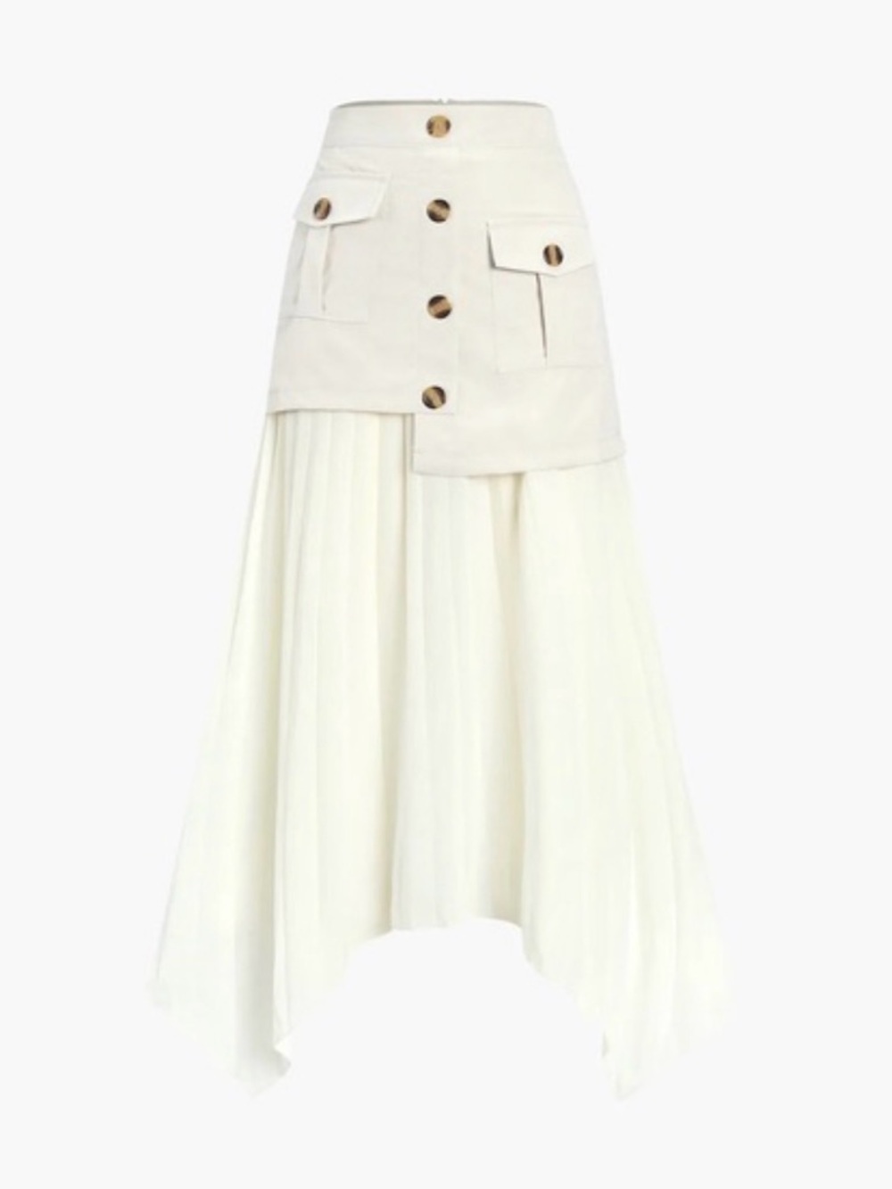 Commense Cream Asymmetric Pleated Maxi Skirt with Buttoned Waist - Picture 2 of 7